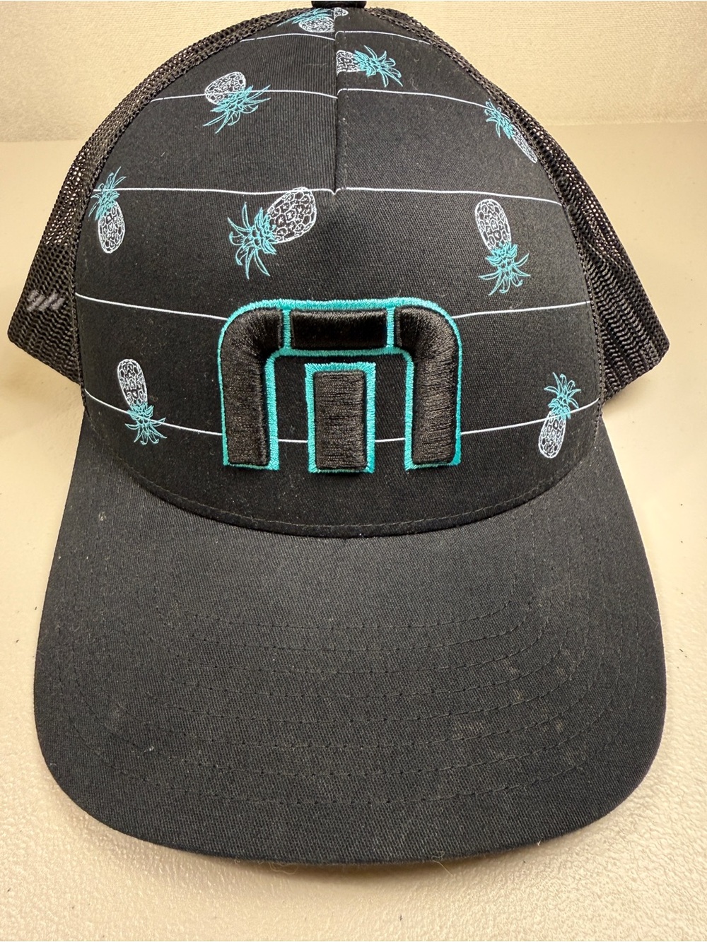 TravisMathew Pineapple Please Golf Hat Mens Snapback Mesh Trucker Cap Black Aqua